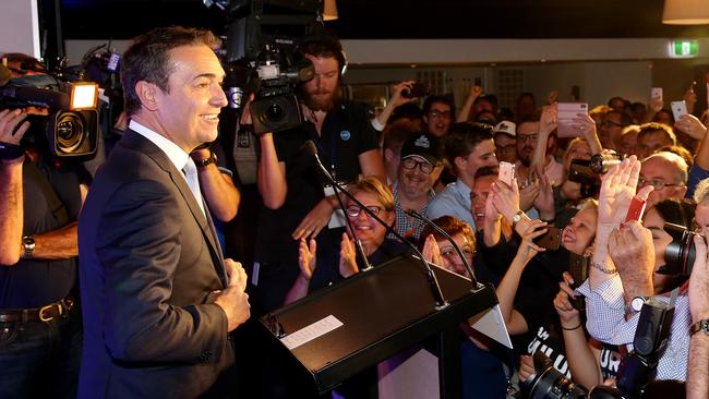 Premier-elect Steven Marshall speaks to the party faithful at the Hackney Hotel on Saturday night. Picture: Calum Robertson