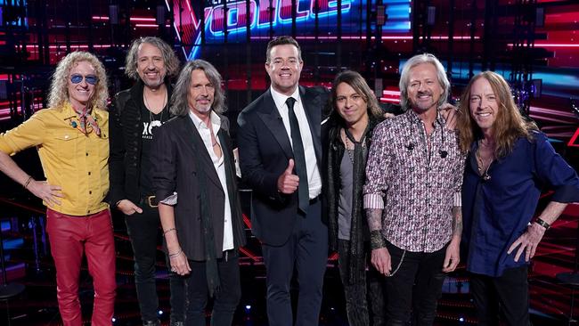 Foreigner members Bruce Watson, Michael Bluestein, Hansen, Maldonado, Chris Frazier, Jeff Pilson with Carson Daly. Picture: Tyler Golden/NBC via Getty Images