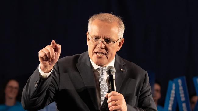 ELECTION TEAM 2022 LIBERAL BUS TOUR 1/5/2022, The Prime Minister Scott Morrison at a Liberal Campaign Rally for Sydney region. The Prime Minister delivers a speech at Accor stadium in the electorate of Reid. Picture By Jason Edwards