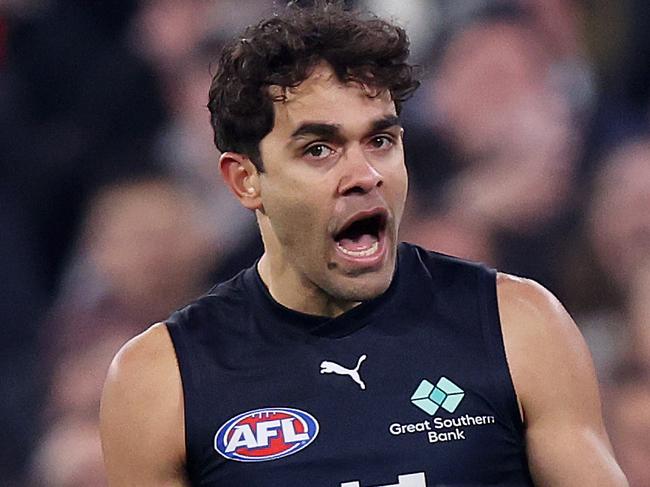 MELBOURNE, AUGUST 3, 2024: 2024 AFL Football - Round 21 - Collingwood Magpies V Carlton Blues at the MCG. Jack Martin of the Blues celebrates a goal.  Picture: Mark Stewart