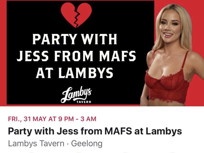 The ad on Facebook to promote Jessika Power's appearance at Geelong bar Lambys/ Picture: Supplied/Facebook