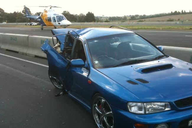 Wreckage of the Sassine family's Subaru Impreza following the crash which resulted in the death of Skye Sassine.