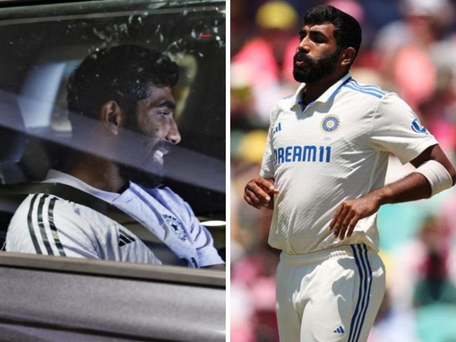 Jasprit Bumrah in action and heading for scans. Photos: News Corp/Getty Images