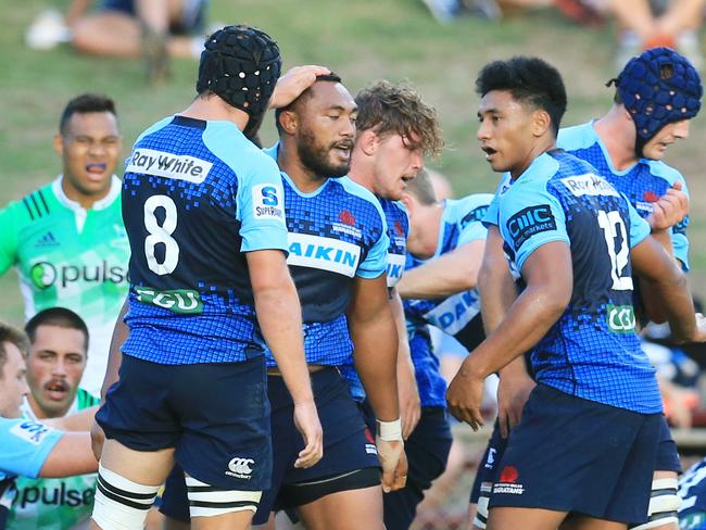 Tolu Latu after a try for the Waratahs during the Highlanders trial at Brookvale Oval in February. Picture: Mark Evans