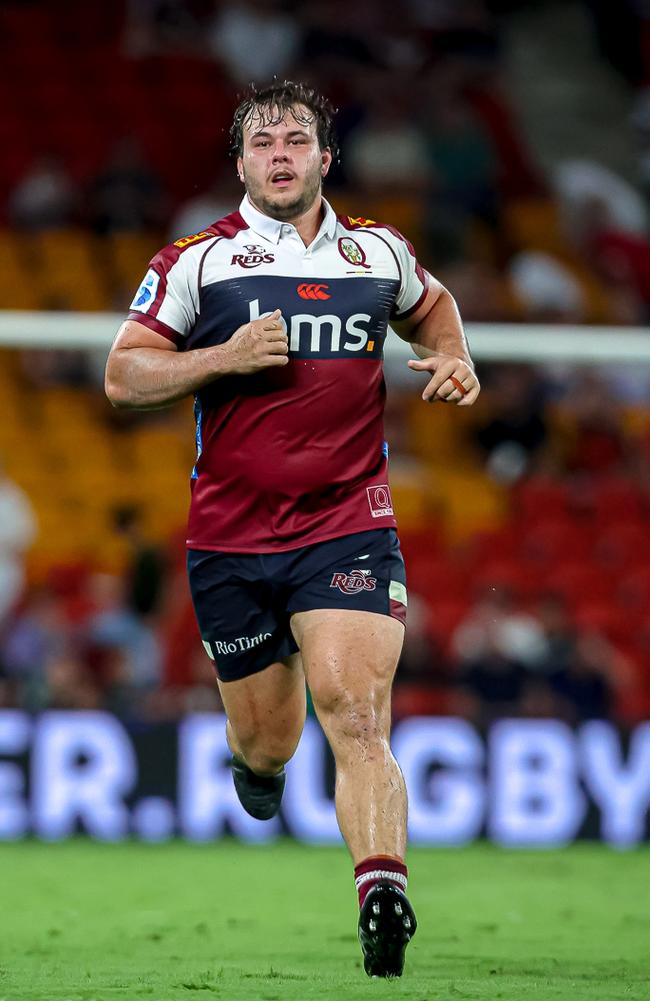 Queensland Reds prop Massimo de Lutiis on his Super Rugby Pacific debut against Moana Pasifika at Suncorp Stadium on February 21, 2025. Picture: QRU Media