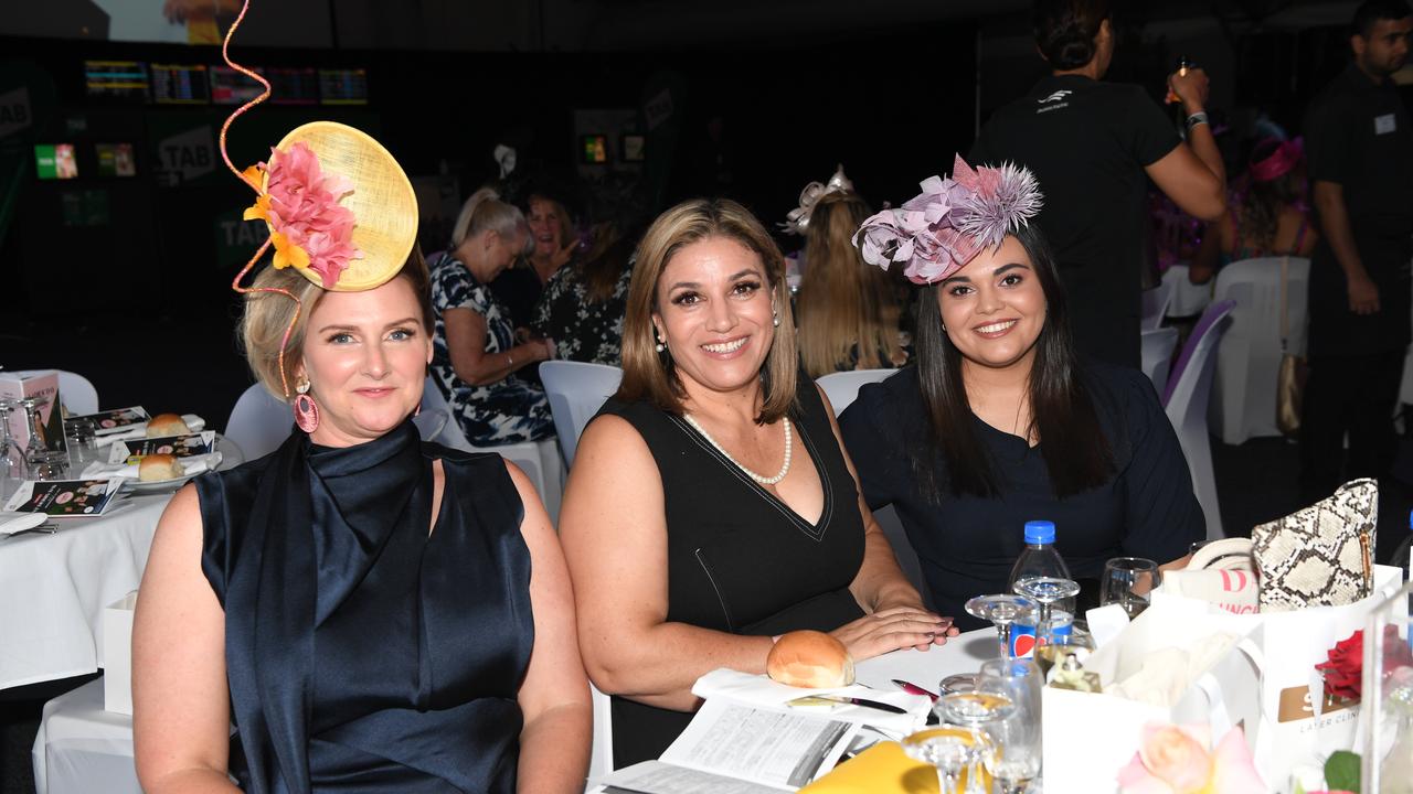 Trenna Gibsone, Lisa Dodds and Chelsea Dodds at the Darwin Turf Club Bridge Toyota Ladies' Day / Derby Day. Picture: KATRINA BRIDGEFORD