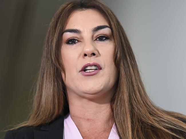 CANBERRA, AUSTRALIA  - NewsWire Photos - November 19, 2024: Senator Senator Lidia Thorpe holds a doorstop press conference wearing a Ã¢â¬ÅNot My KingÃ¢â¬Â necklace at Parliament House in Canberra. Picture: NewsWire / Martin Ollman