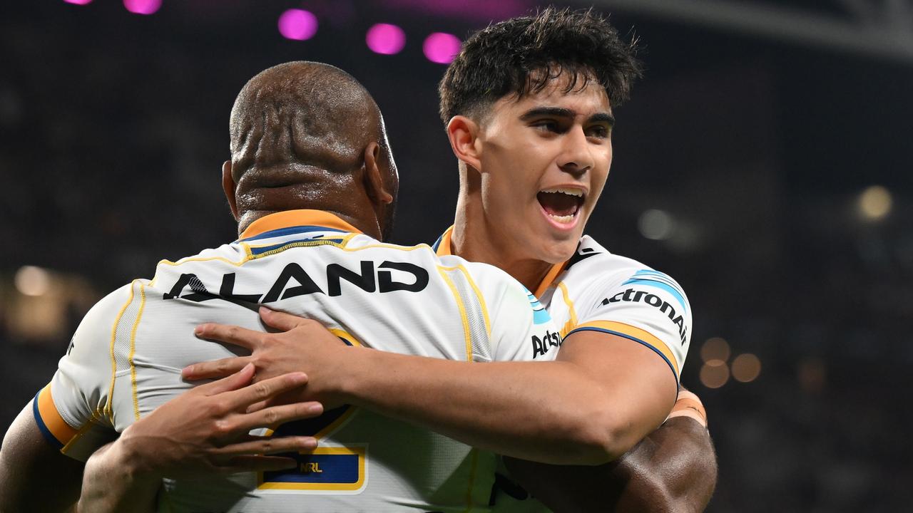 BRISBANE, AUSTRALIA - AUGUST 23: Maika Sivo of the Eels celebrates scoring a try with Blaize Talagi of the Eels during the round 25 NRL match between Brisbane Broncos and Parramatta Eels at Suncorp Stadium, on August 23, 2024, in Brisbane, Australia. (Photo by Matt Roberts/Getty Images)