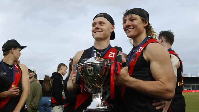 Blade Sulzberger and Harvey Griffiths North Launceston with the cup. TSL grand final 2024 - North Launceston V Lauderdale. Picture: Nikki Davis-Jones