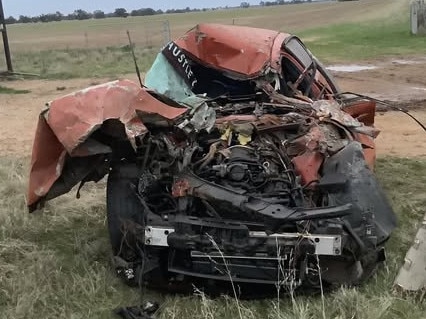 An Orange Holden Commodore collided with a tractor on the Boort-Wedderburn Road, Mysia on the evening of June 2, 2023. Picture: Victoria Police.
