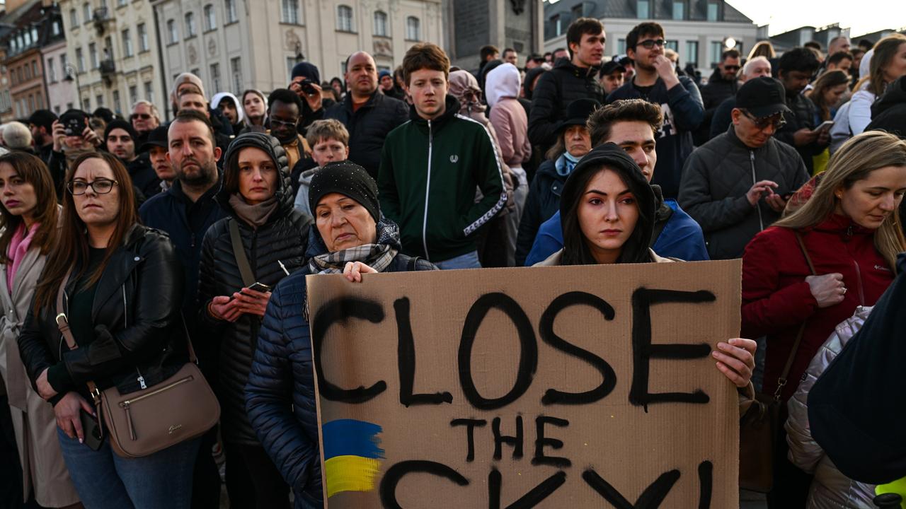 Crowds wait ahead of Mr Biden’s address in Warsaw. Picture: Omar Marques/Getty Images