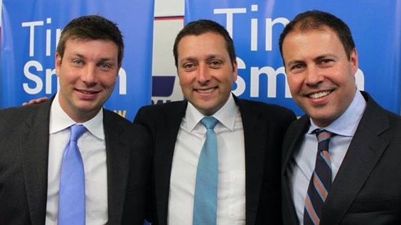 Tim Smith with his current boss Matthew Guy and Federal Treasurer Josh Frydenberg.