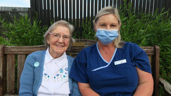Flo Barber and Nurse Kerri Purkis at Kirrak House in Wonthaggi after Ms Barber received the COVID-19 vaccine. Picture: Brooke Grebert-Craig