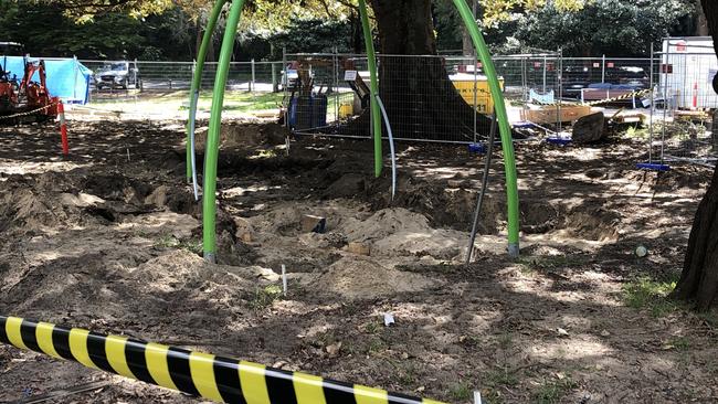 The earthworks where workers who are revamping the children's playground at Clontarf Reserve, on Middle Harbour, unearthed a number of bones. Police have declared the area a crime scene. Picture: Jim O'Rourke