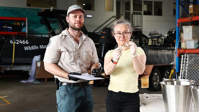 DESI senior conservation officer Daniel Guymer and University of Canberra postdoctorate research fellow Dr Peta Hill analyse a sample of water taken from the enclosure of a saltwater crocodile for evidence of the animal's DNA. Picture: Brendan Radke