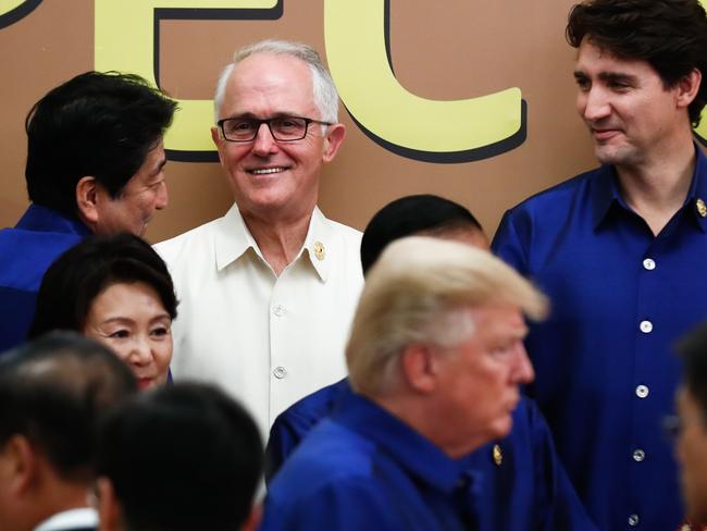 More bad news.... The PM at APEC with Japan’s Shinzo Abe, Canada’s Justin Trudeau and US President Donald Trump in foreground. Picture: AAP