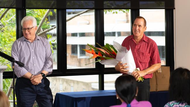 Lord Mayor Kon Vatskalis with Citizen of the Year Award winner John Gregory Tate. Picture: Supplied (City of Darwin)