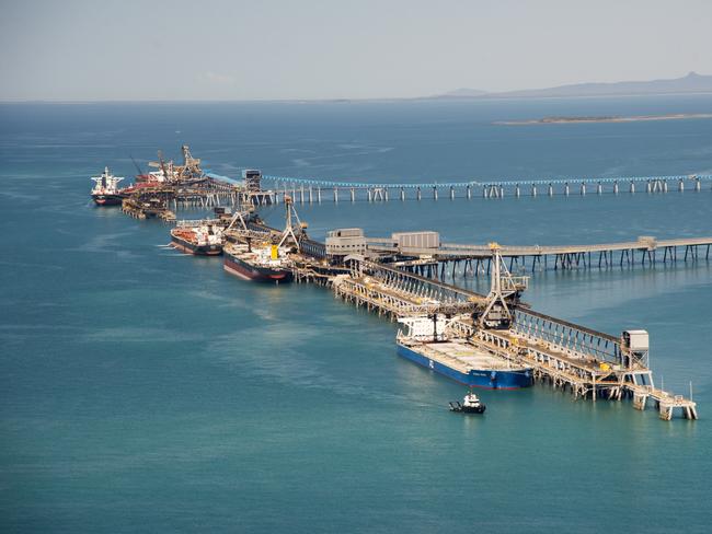 HOLD FOR COURIER MAIL -  Mackay, 18 Aug 2018. Coal ships queued up at Hay Point and Dalrymple Bay Coal loading facilities.Coal ships moored offshore.Photo : Daryl Wright