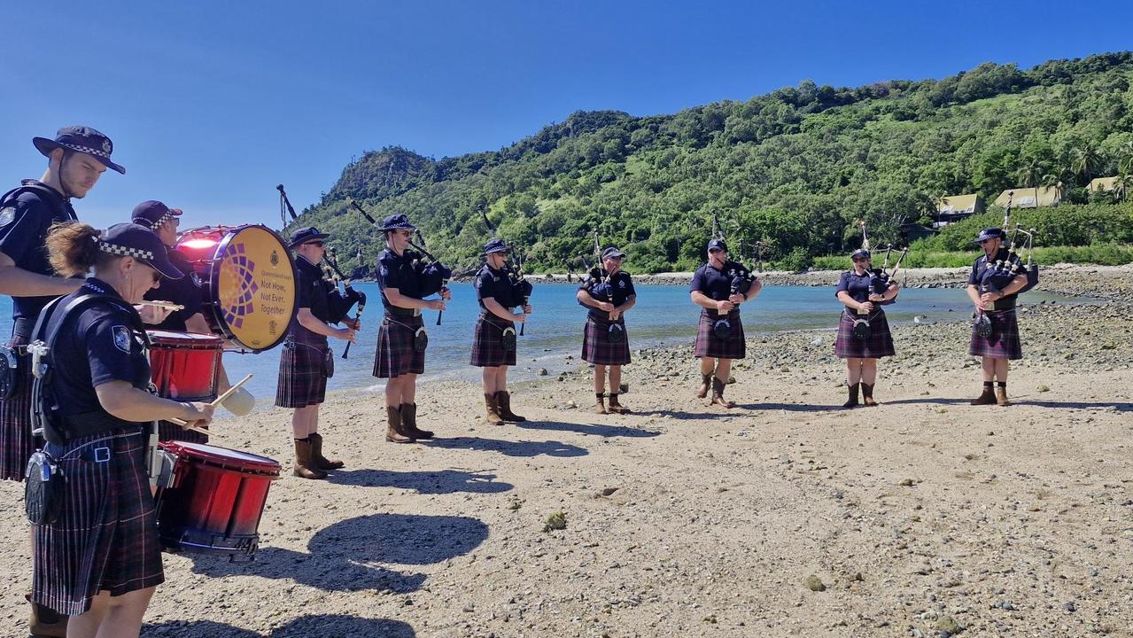 The QPS Pipes and Drums gave a surprise performance on the island. Photo: Contributed