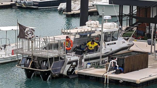 Workplace Health and Safety Queensland investigators are inspecting a fishing charter boat where three crew members were injured after an explosion at Coral Sea Marina on May 9, 2024. Picture: Estelle Sanchez