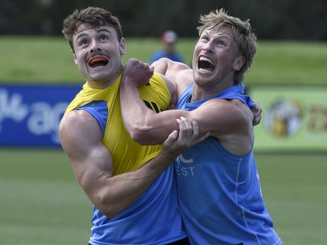 Harry Boyd and Max Heath at St Kilda training. Picture: Andrew Henshaw