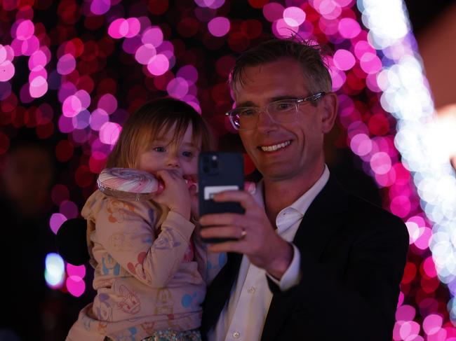 Former premier Dominic Perrottet, with daughter Beatrice, championed the Noel Sydney Christmas markets in 2022. Picture: Jonathan Ng