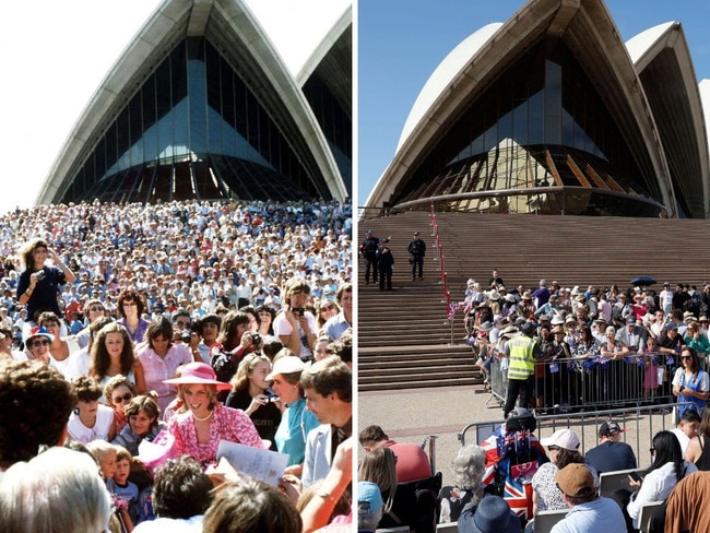 A photo has highlighted a stark comparison between Princess Diana’s visit to Australia compared to King Charles and Queen Camilla’s 2024 visit. Picture: Supplied/X.