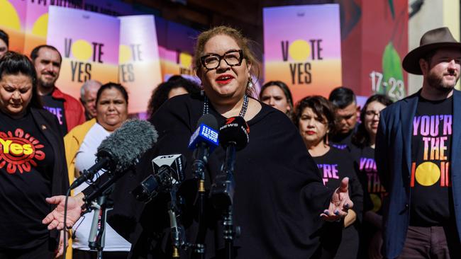 Professor Megan Davis during a press conference for the Uluru Dialogue voice campaign at the Victorian Aboriginal Community Controlled Health Organisation in Collingwood. Picture NCA NewsWire / Aaron Francis