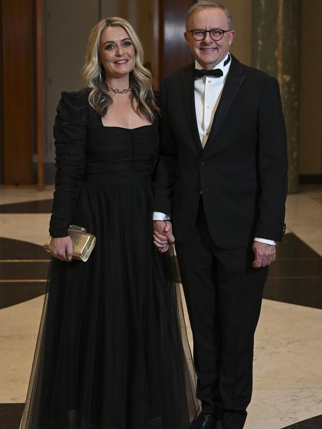 PM Anthony Albanese and his partner Jodie Haydon arrive at the Press Gallery Midwinter Ball 2023 at Parliament House in Canberra. Picture: NCA NewsWire / Martin Ollman