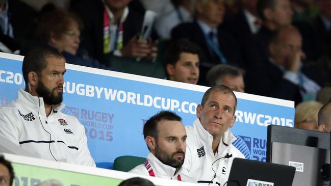 England’s coach Stuart Lancaster and his assistant Andy Farrell, left, watch during the Rugby World Cup Pool A match between England and Australia at Twickenham stadium in London, Saturday, Oct. 3, 2015. (AP Photo/Alastair Grant)