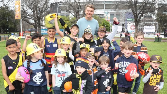 Patrick Cripps was king of the kids at the footy festival site. Picture: David Crosling