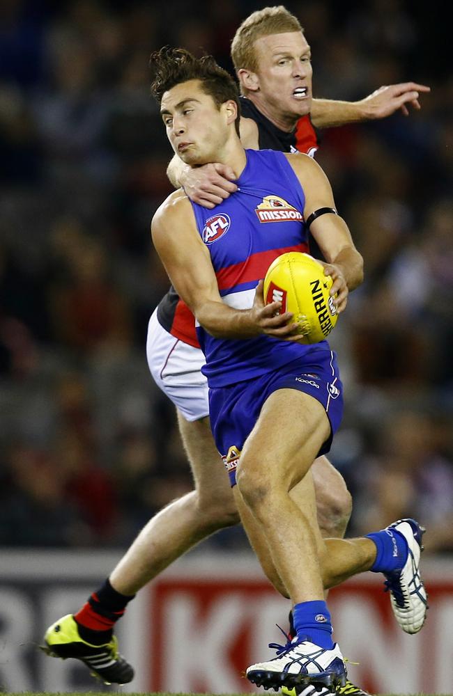 Bomber Dustin Fletcher was found out by the Bulldogs’ speed up forward. Picture: Michael Klein