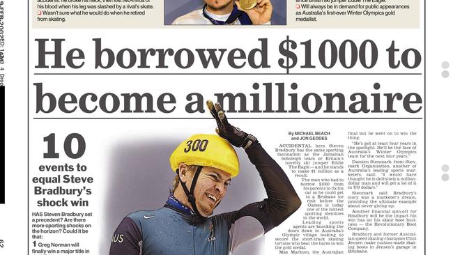 A <i>Daily Telegraph</i> story on Steven Bradbury’s remarkable victory back on February 19, 2002.