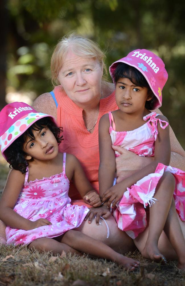 Moira Kelly with twins Krishna (left) and Trishna.