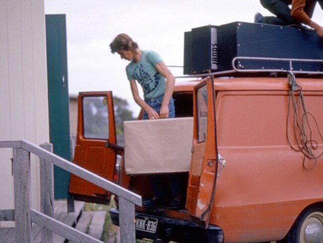 Pioneer road crew Adrian Anderson unloads a classic tour van. Picture: Supplied/Roadies