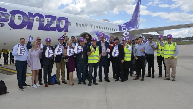 The first Bonza flight from Melbourne arrives at Toowoomba Wellcamp Airport on April 17, 2023.