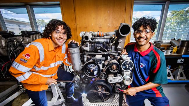 Glenala State High School Year 12 students Vali Slater and Samuel Malone participate in the automotive pathways as part of programs offered at the Trade Skills Centre. Picture: Nigel Hallett