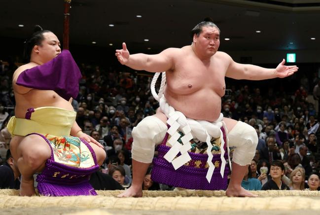 Mongolian-born highest-ranked sumo Terunofuji (R) is retiring from the sport