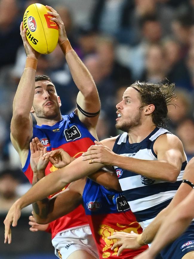 Daniel McStay marks powerfully against Geelong.