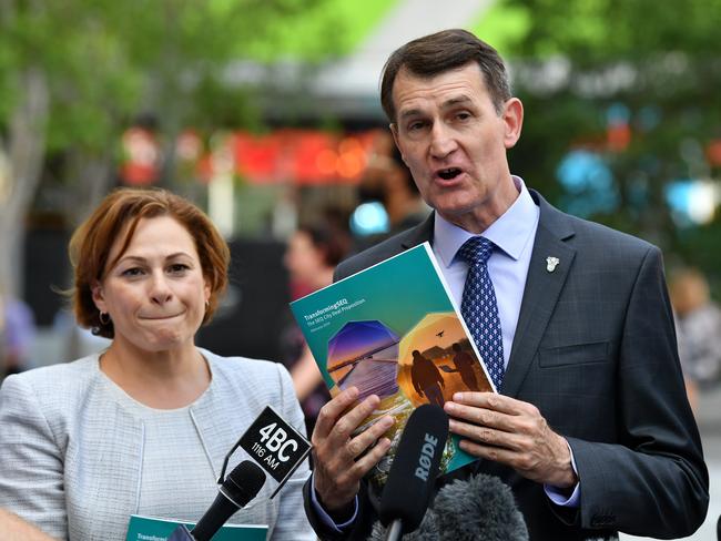 Queensland Deputy Premier and Treasurer Jackie Trad (left) and Brisbane Lord Mayor Graham Quirk (right) at the announcement of a blueprint for the the SEQ City Deal Proposition. Picture: AAP Image/Darren England