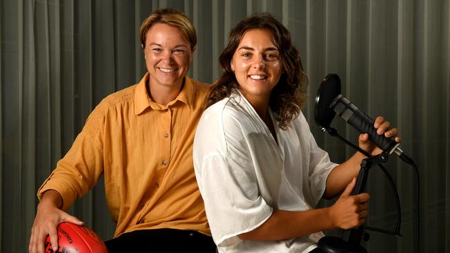 AFLW PLAYERS IN PODCAST. Courtney Cramey and Ebony Marinoff pictured at The Advertiser building. Picture: Tricia Watkinson