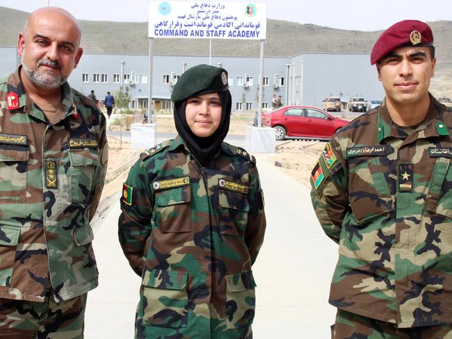 Lt Colonel Izatullah Barakzai, Lt Mursal Afshar and Lt Ahmad Fayhad Azizi at the Marshal Fahim National Defence University (MFNDU) in Qargha district, west of Kabul, Afghanistan. Picture: Charles Miranda