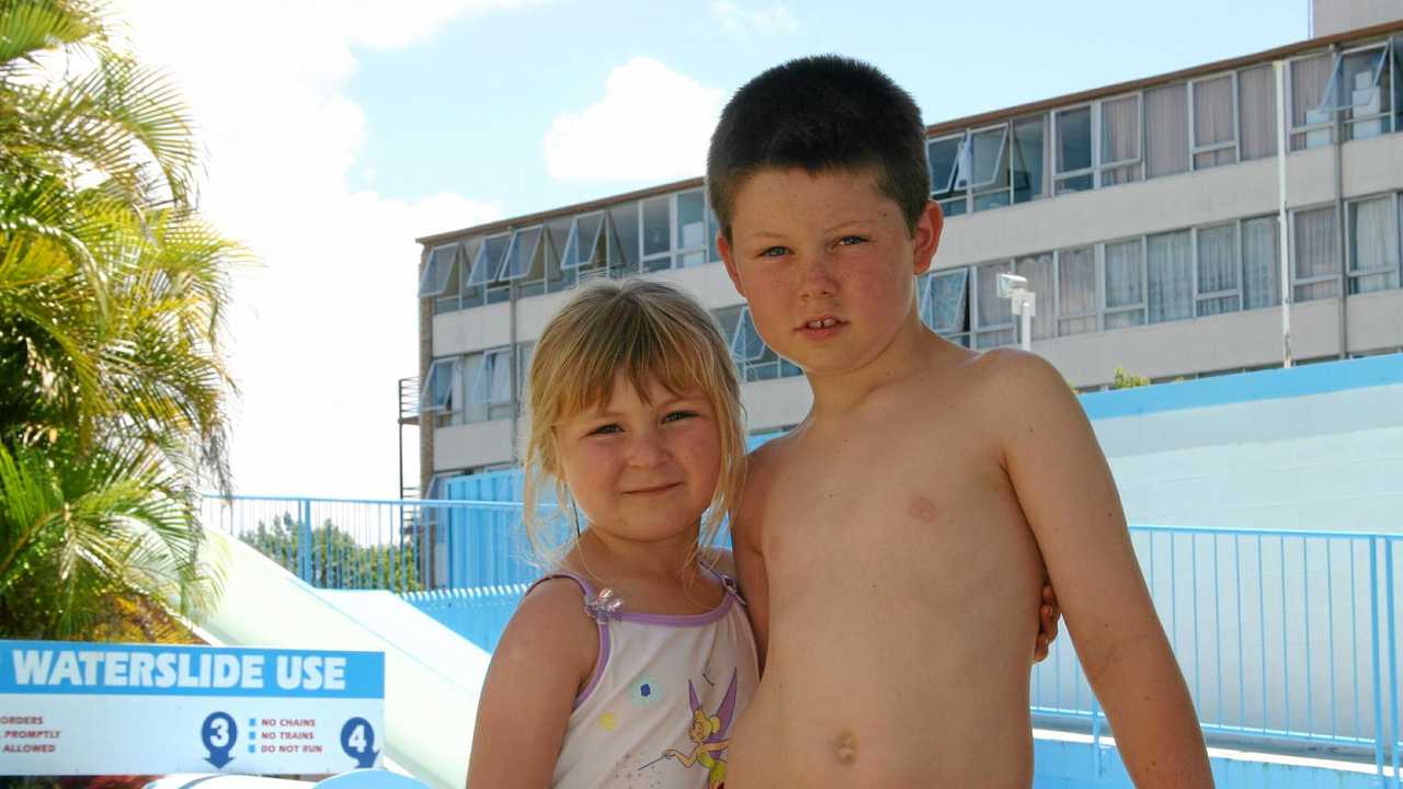 2003: Abbey and Butler Reid from Mildura in Victoria take a plunge at the Olympia Theme Park and Waterslide at Alexandra Headlands. Picture: Staff photographer