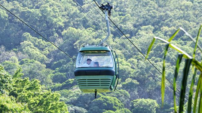 A Skyrail rainforest cableway gondola sails above the rainforest canopy on the Macalister Range National Park at Smithfield near Cairns. Picture: Brendan Radke.