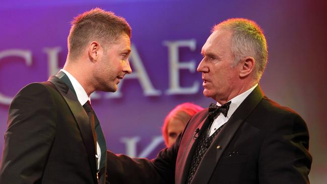 Allan Border (R) presents Michael Clarke with the AB Medal in 2012. Picture: AAP/David Crosling