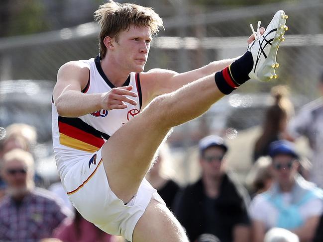 AFL - Adelaide Crows v Gold Coast at Noarlunga Oval. Fischer McAsey kicks his first goal in AFL Picture SARAH REED