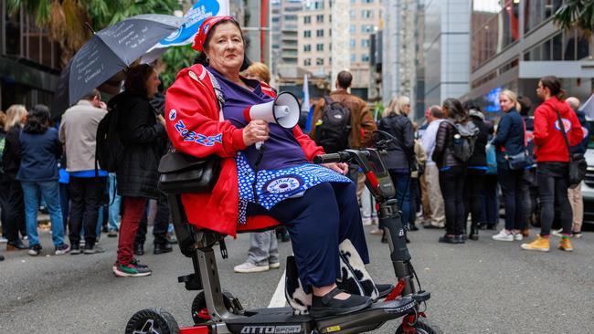 Sue Walton during a rally outside 52 Martin Place, today, to oppose the government's proposed cuts to workers compensation. Picture: Justin Lloyd.