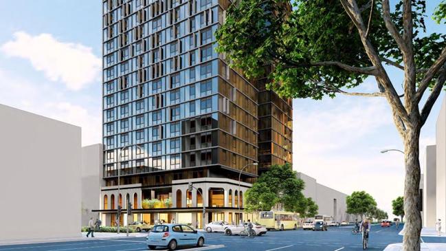 Plans have been revealed for 19-storey student housing on the heritage-listed Crown &amp; Anchor site on Grenfell St. Picture: Brown Falconer Architects