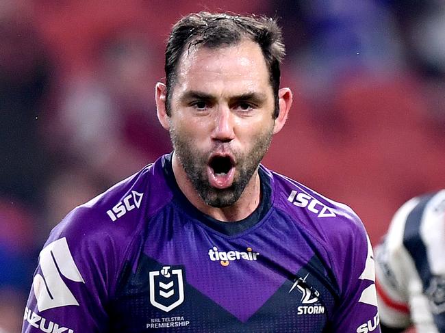 BRISBANE, AUSTRALIA - JULY 02: Cameron Smith of the Storm celebrates victory during the round eight NRL match between the Melbourne Storm and the Sydney Roosters at Suncorp Stadium on July 02, 2020 in Brisbane, Australia. (Photo by Bradley Kanaris/Getty Images)