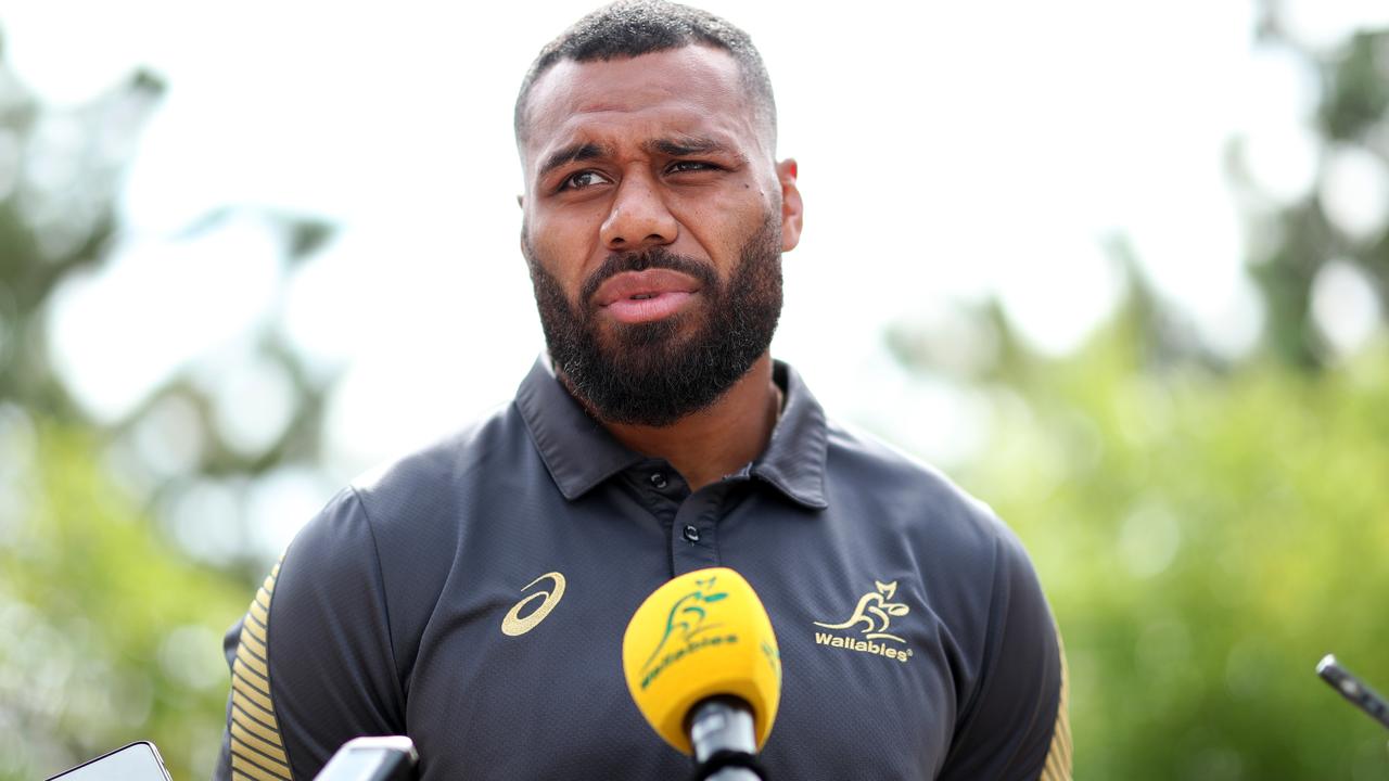 Samu Kerevi of Australia speaks to the media during a press conference.